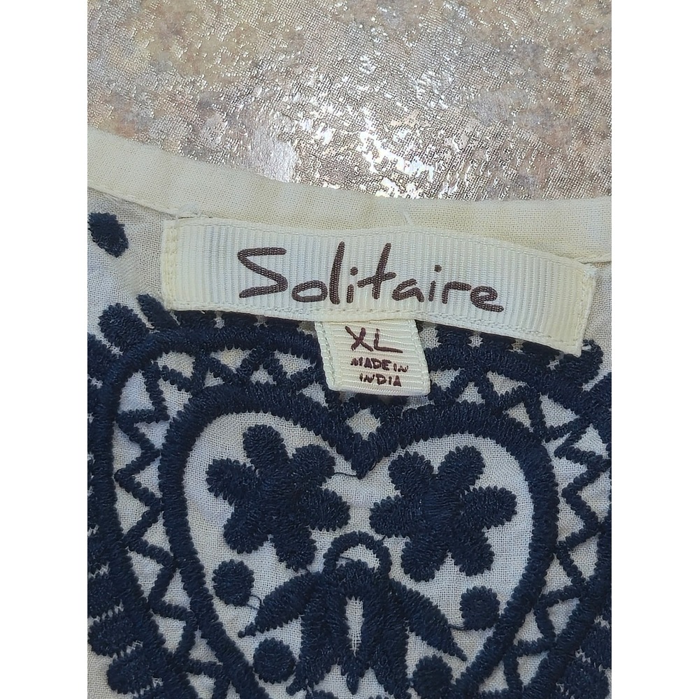 Solitaire Womens XL Embroidered Cotton Boho Top Ruffle Sleeve White Navy Blue - Picture 3 of 8